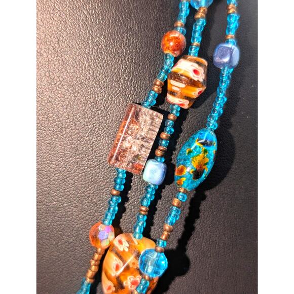 Millefiori Glass Lampwork Aqua Brown Bead Multi-Strand 17"-21" Necklace - Picture 5 of 7
